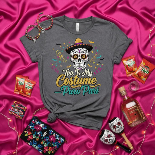 This Is My Costume Puro Pari Sugar Skull Sombrero T-Shirt Day of the Dead Halloween Party Tee for Men and Women, Dia de Muertos Confetti Bats Shirt, Fun Mexican Fiesta Graphic Top Mexicada