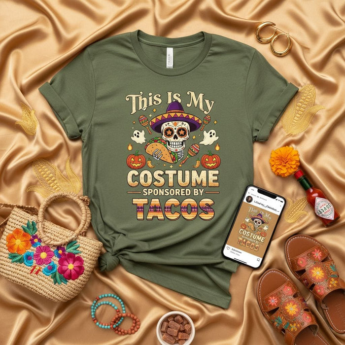 This Is My Costume Sponsored By Tacos Shirt, Funny Dia De Los Muertos Halloween T-Shirt, Sugar Skull Maracas Ghost Pumpkin Tee, Unisex Mexican Food Lover Gift Idea T-shirt Mexicada