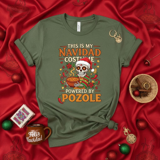 This Is My Navidad Costume Powered By Pozole T-Shirt, Funny Dia De Muertos Skull with Santa Hat, Mexican Food Christmas Holiday Tee, Unisex Gift for Pozole Lovers Mexicada