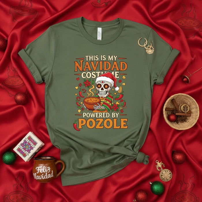 This Is My Navidad Costume Powered By Pozole T-Shirt, Funny Dia De Muertos Skull with Santa Hat, Mexican Food Christmas Holiday Tee, Unisex Gift for Pozole Lovers Mexicada