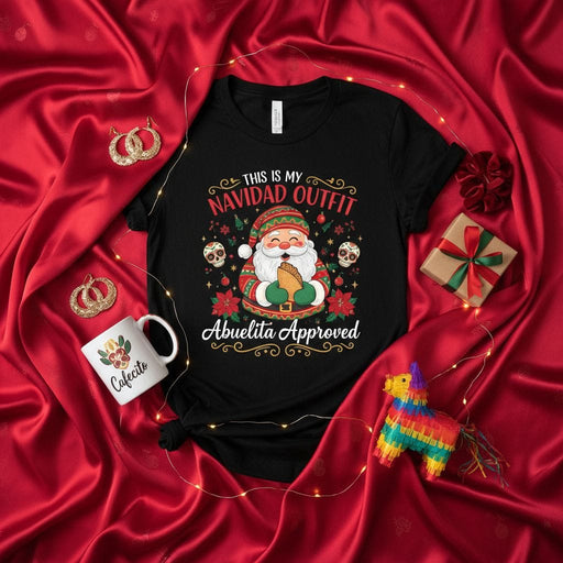 This Is My Navidad Outfit Abuelita Approved, Funny Santa Eating Taco Christmas T-Shirt, Sugar Skulls, Poinsettias, Mexican Holiday Tee, Latine Gift Idea Mexicada
