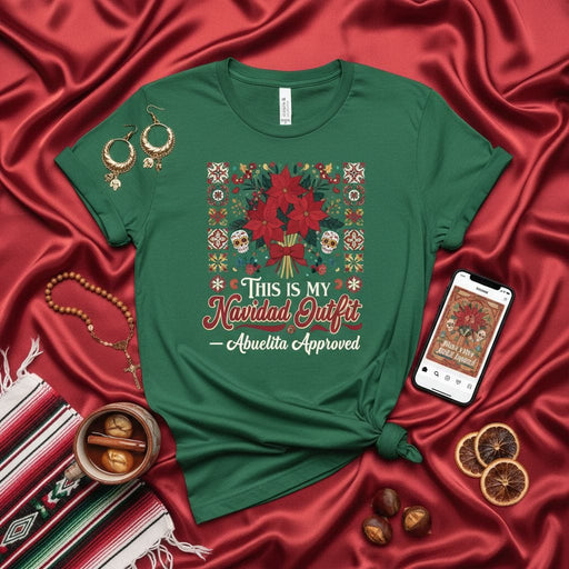 This Is My Navidad Outfit Abuelita Approved T-Shirt, Christmas Poinsettia Sugar Skulls Floral Design, Festive Holiday Shirt, Spanish and English Text Tee, Unisex Fit Mexicada