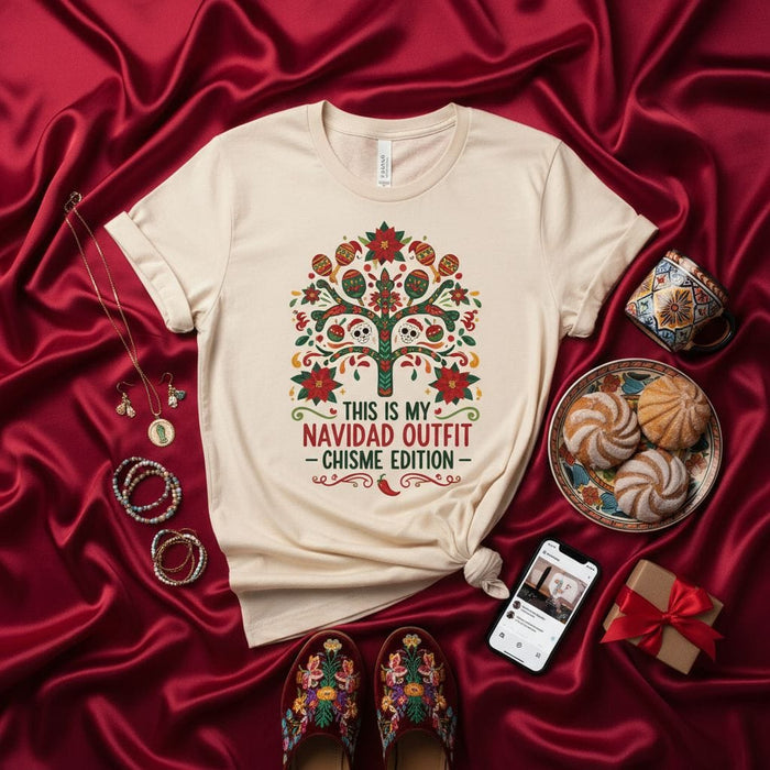 This is My Navidad Outfit Chisme Edition Shirt, Mexican Christmas Tree Skull Art T-Shirt, Poinsettia Floral Holiday Top, Funny Spanish Christmas Gift Tee Mexicada