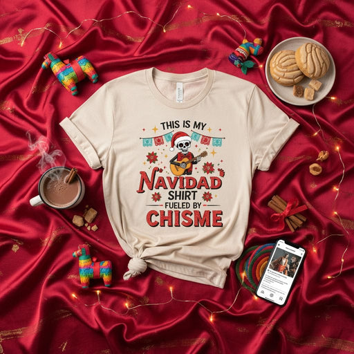This is My Navidad Shirt Fueled by Chisme, Skeleton Playing Guitar Christmas Tee, Funny Spanish and English Holiday Gift, Dia de Muertos Style T-Shirt, Fiesta Shirt, Unisex. Mexicada