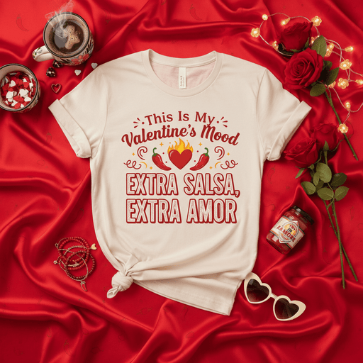 This Is My Valentine's Mood Extra Salsa Extra Amor T-Shirt | Funny Valentine's Day Shirt with Chili Peppers Heart | Spicy Latin Love Gift for Him Her | Unisex Holiday Tee Top Mexicada