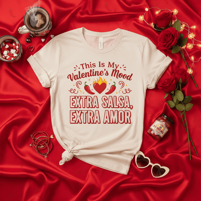 This Is My Valentine's Mood Extra Salsa Extra Amor T-Shirt | Funny Valentine's Day Shirt with Chili Peppers Heart | Spicy Latin Love Gift for Him Her | Unisex Holiday Tee Top Mexicada