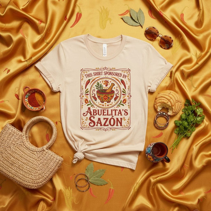 THIS SHIRT SPONSORED BY ABUELITA'S SAZÓN T-Shirt, Funny Mexican Food Cooking Tee, Grandparent Gift, Molcajete Spanish Kitchen Shirt, Cultural Heritage Apparel Mexicada
