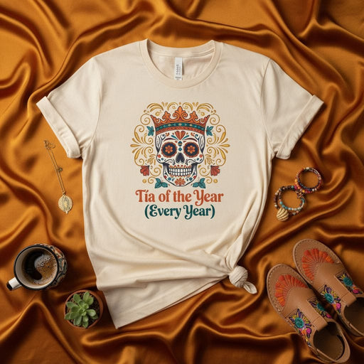 Tía of the Year (Every Year) Sugar Skull T-Shirt, Day of the Dead Dia de Muertos Gift for Aunt, Mexican Themed Tía Life Tee, Colorful Floral Crown Calavera Design, Unisex Family Appreciation Shirt Mexicada