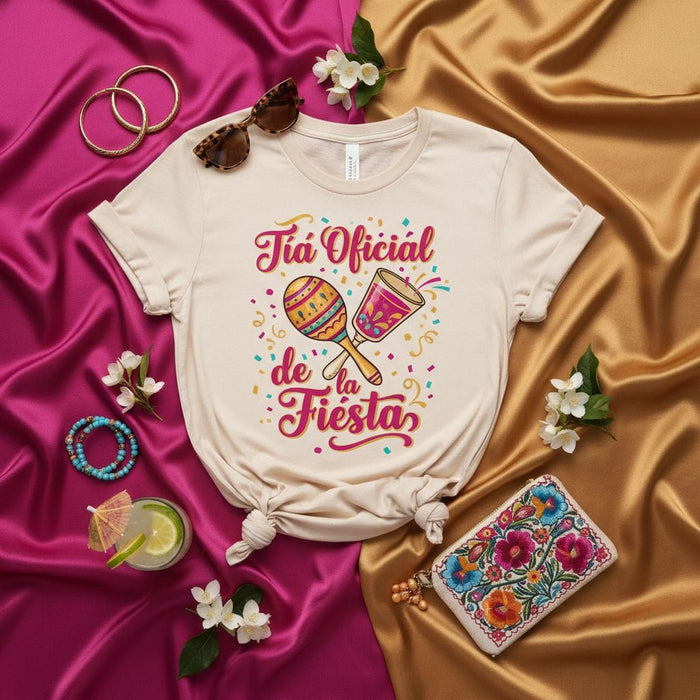 Tía Oficial de la Fiesta Shirt, Official Aunt of the Party Tee, Latina Family Celebration Maraca Bell T-Shirt, Cinco de Mayo Fiesta Auntie Gift Top, Spanish Saying Funny Relative Tee Mexicada
