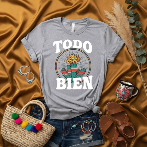 Todo Bien Cactus Flower T-Shirt Unisex, Good Vibes Boho Tee, Retro Sunset Desert Graphic Shirt, Spanish Phrase Shirt, Everything is Good Top, Southwestern Style Apparel Mexicada