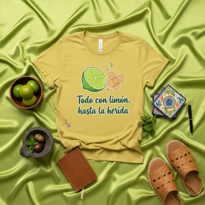 Todo con limón, hasta la herida T-Shirt Unisex, Limón y Curita Diseño Gráfico, Humor Cítrico, Camiseta con Frase Graciosas en Español, Playera de Lima, Regalo para Amantes del Limón Mexicada
