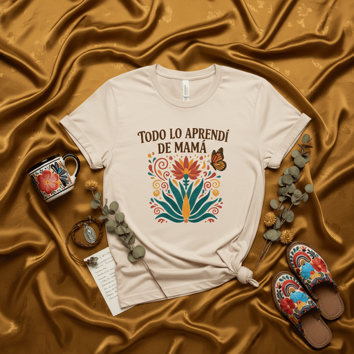 Todo lo Aprendí de Mamá Mexican Floral Boho T-Shirt, Mother's Day Gift, Spanish Mama Shirt, Mariposa Butterfly Design, Beige Unisex Tee, Cultural Latin American Style Apparel Mexicada