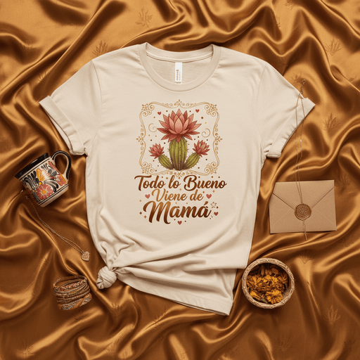Todo lo Bueno Viene de Mamá Cactus Flower T-Shirt, Mother's Day Gift Tee, Spanish Shirt, Floral Desert Plant Graphic, Latina Mom Appreciation, Unisex Crewneck Mexicada