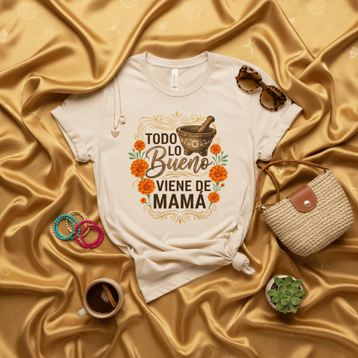Todo lo Bueno Viene de Mamá T-Shirt, Día de las Madres Gift, Spanish Mom Shirt, Mortar and Pestle, Floral Design, Mexican Heritage Tee Mexicada