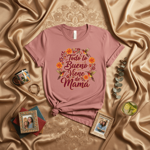 Todo lo Bueno Viene de Mamá T-Shirt | Spanish Mother's Day Shirt | Gifts for Mom | Floral Hummingbird Graphic Tee | Dia de las Madres T-Shirt | Latina Mom Gift Idea Mexicada