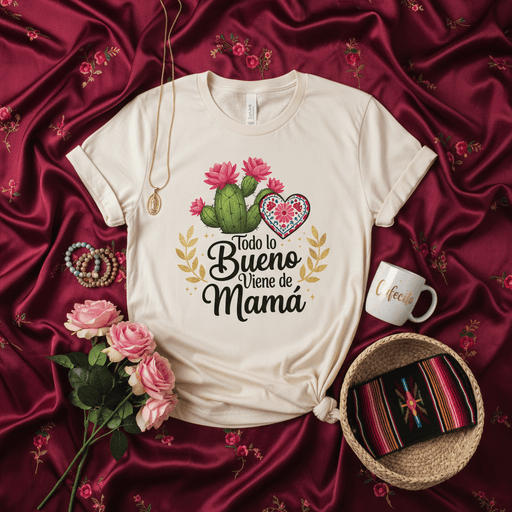 Todo lo Bueno Viene de Mamá T-Shirt, Spanish Mother's Day Shirt, Mexican Fiesta Cactus Shirt, Floral Heart Mom Tee, Gift for Latina Mama, Boho Style Gift for Mother, Cute Spanish Quote Shirt for Mother's Day Mexicada