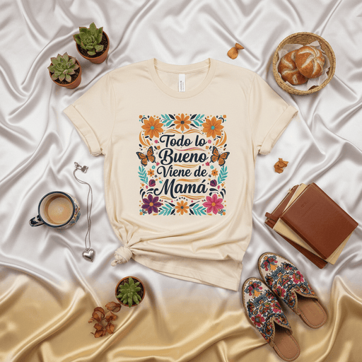 Todo lo Bueno Viene de Mamá T-Shirt | Spanish Mother's Day Tee | Floral Mariposa Butterflies Design | Gift for Latina Mom | Short-Sleeve Unisex Shirt Mexicada