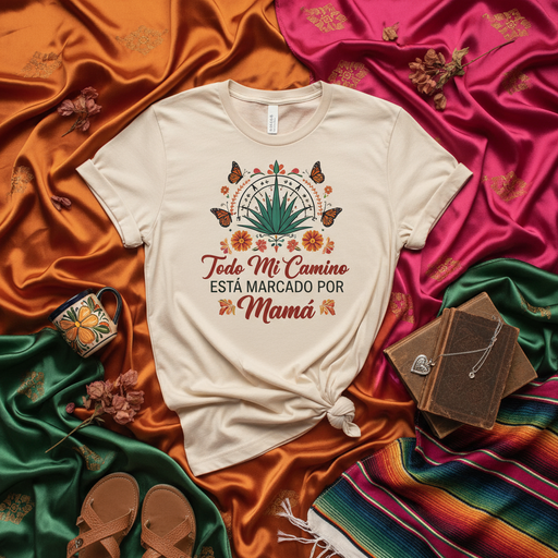 Todo Mi Camino Está Marcado por Mamá T-Shirt | Mother's Day Agave Mariposa Shirt | Spanish Mom Quote Tee | Floral Monarch Butterflies Design | Mexican Heritage Gift for Mother | Beige Unisex T-Shirt Mexicada