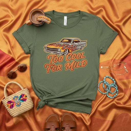 Too Cool For Mild Hot Rod T-Shirt, Vintage Car Flames Shirt, Retro Muscle Car Graphic Tee, Classic Automobile Lovers Gift, Unisex Olive Green Shirt Mexicada