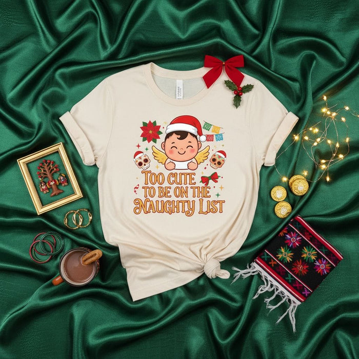 Too Cute To Be On The Naughty List Shirt, Christmas Sugar Skull Baby Angel Tee, Cute Holiday Poinsettia Day of the Dead Xmas T-Shirt, Unisex Seasonal Fiesta Apparel Gift Mexicada