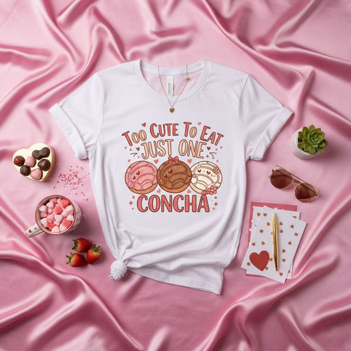 Too Cute To Eat Just One Concha T-Shirt, Cute Mexican Sweet Bread Tee, Pastel Pink Brown White Conchas, Pan Dulce Lover Gift, Unisex Valentine's Day Shirt Mexicada