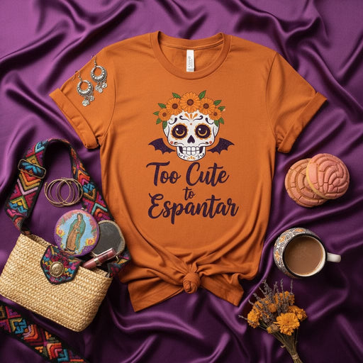 Too Cute to Espantar Shirt, Day of the Dead Sugar Skull Bat Halloween Unisex T-Shirt, Cute La Catrina Flower Crown Graphic Tee, Dia de Muertos Spooky Season Gift Top Mexicada