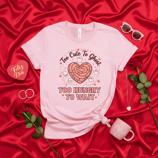 Too Cute To Ghost Too Hungry To Wait, Pan Dulce Concha Heart Shirt, Kawaii Ghost Valentine's Day T-Shirt, Pastel Pink Concha Lover Tee, Mexican Bread Gift, Funny Foodie Ghost Shirt, Feliz Dia Shirt Mexicada