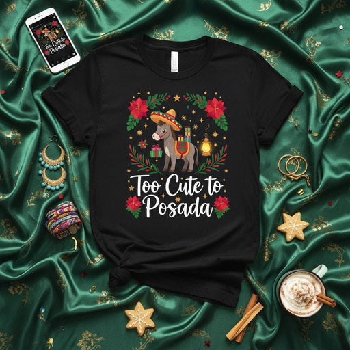 Too Cute to Posada Shirt, Christmas Donkey Sombrero Poinsettia Wreath, Funny Holiday Party Tee, Mexican Tradition Festive Apparel Mexicada