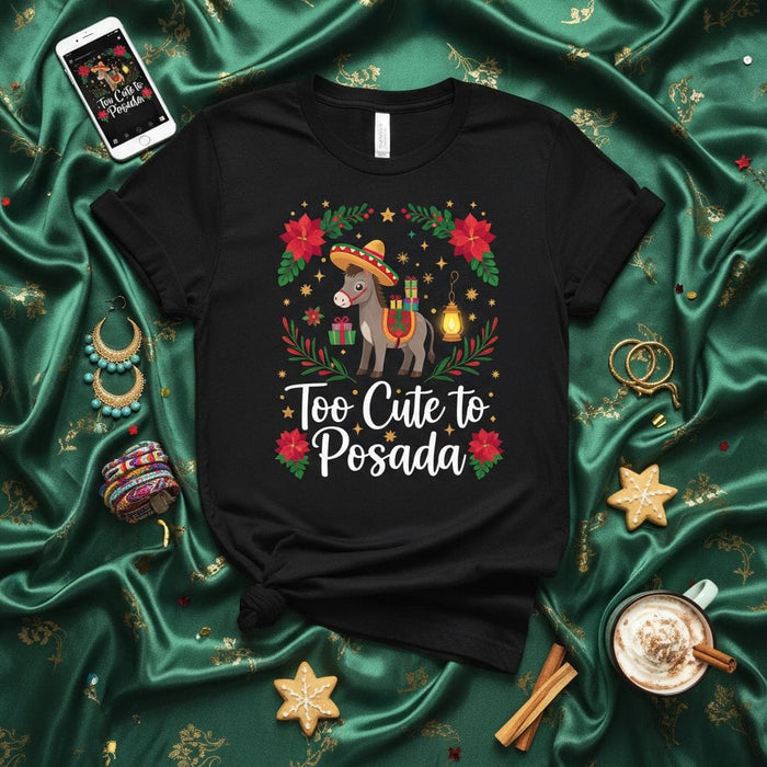 Too Cute to Posada Shirt, Christmas Donkey Sombrero Poinsettia Wreath, Funny Holiday Party Tee, Mexican Tradition Festive Apparel Mexicada