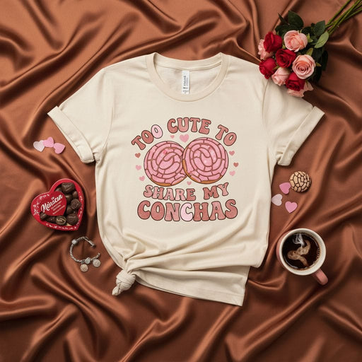 Too Cute To Share My Conchas T-Shirt, Funny Valentine's Day Shirt, Pink Concha Bread Shirt, Mexican Sweet Bread Tee, Pan Dulce Concha Shirt, Hispanic Food Lover Gift, Cute Heart Love Shirt for Her Mexicada