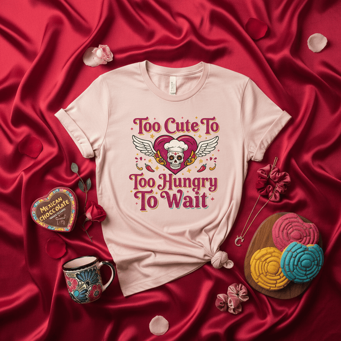 Too Cute To Too Hungry To Wait Chef Sugar Skull T-Shirt with Wings, Chili Peppers, and Heart for Valentine's Day, Day of the Dead, Cooking Lovers, Foodies, and Mexican Culture Fans Mexicada