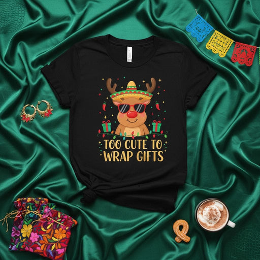 Too Cute To Wrap Gifts Funny Reindeer Christmas T-Shirt, Mexican Fiesta Reindeer with Sombrero and Sunglasses, Cute Xmas Holiday Graphic Tee, Cinco de Mayo Style X-Mas Shirt for Men Women Mexicada