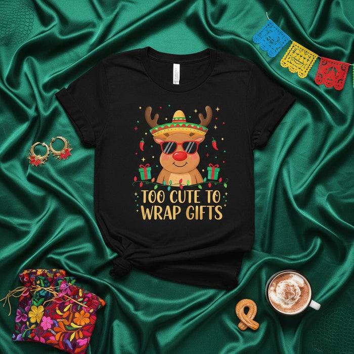 Too Cute To Wrap Gifts Funny Reindeer Christmas T-Shirt, Mexican Fiesta Reindeer with Sombrero and Sunglasses, Cute Xmas Holiday Graphic Tee, Cinco de Mayo Style X-Mas Shirt for Men Women Mexicada