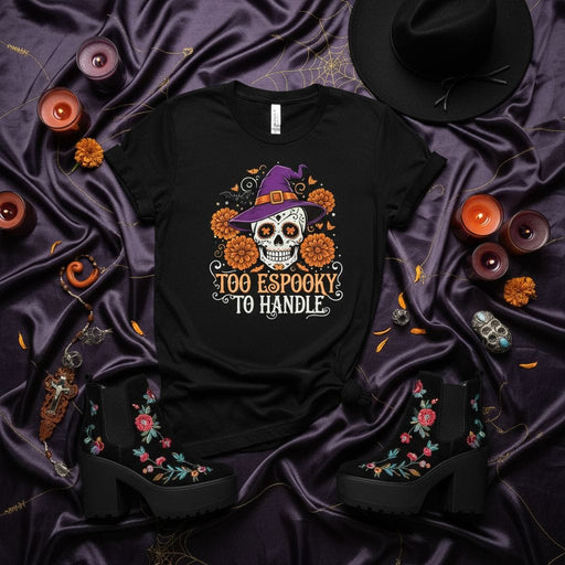 Too Espooky To Handle Sugar Skull Witch Hat Halloween T-Shirt, Day of the Dead Dia de Muertos Floral Skull Shirt, Spooky Season Unisex Black Tee Mexicada