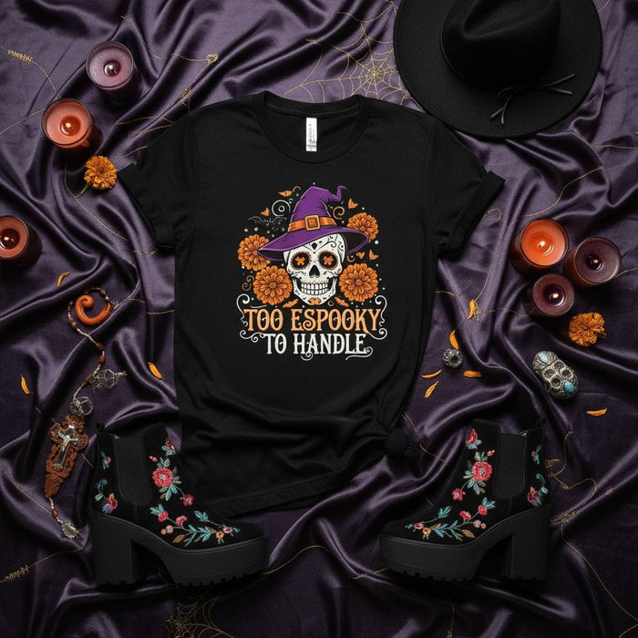 Too Espooky To Handle Sugar Skull Witch Hat Halloween T-Shirt, Day of the Dead Dia de Muertos Floral Skull Shirt, Spooky Season Unisex Black Tee Mexicada
