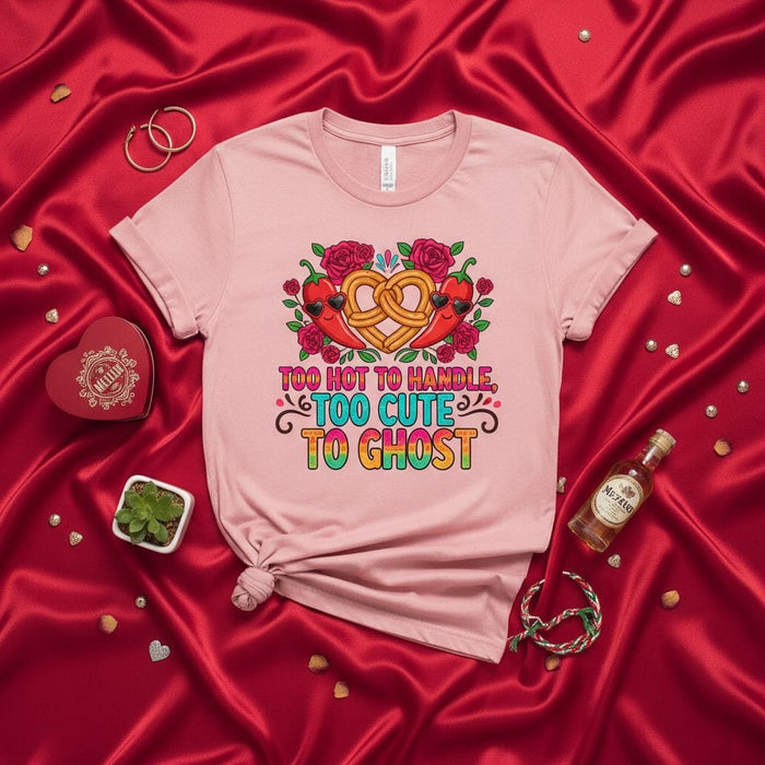 TOO HOT TO HANDLE, TOO CUTE TO GHOST - Funny Valentine's Day T-Shirt, Spicy Pretzel and Chili Pepper Graphic Tee, Cute Ghosting Romance Shirt, Pink Unisex Crewneck Top with Roses and Hearts Design Mexicada