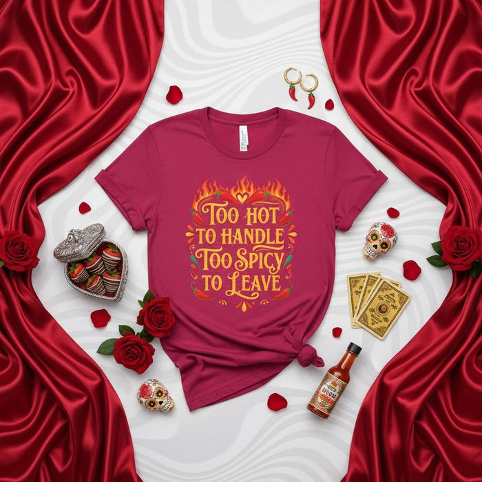 Too Hot To Handle Too Spicy To Leave T-Shirt: Valentine's Day Mexican Sugar Skull Calavera Hot Sauce Chili Pepper Graphic Tee Gift for Him Her Unisex Mexicada