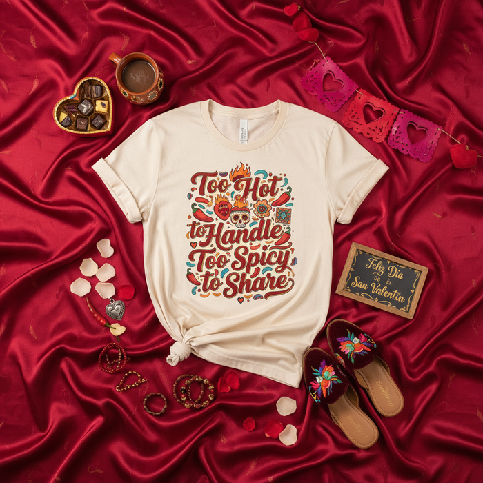 Too Hot to Handle Too Spicy to Share T-Shirt, Funny Valentine's Day Tee, Chili Pepper Sugar Skull Graphic Shirt, Cute Couple Gift, Day of the Dead Inspired Apparel Mexicada