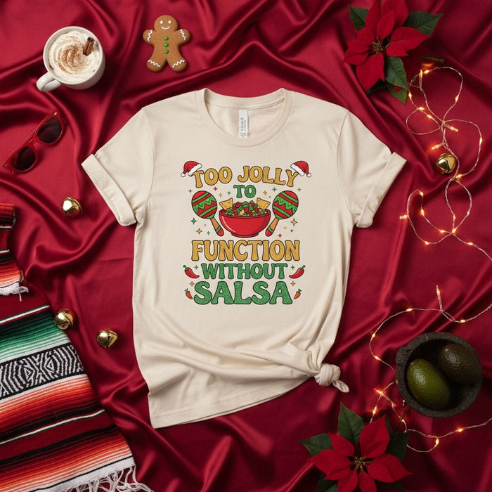Too Jolly To Function Without Salsa T-Shirt, Funny Christmas Fiesta Shirt, Mexican Holiday Party Tee, Retro Xmas Santa Hat Maraca Graphic Top, Salsa Lover Gift Idea Mexicada