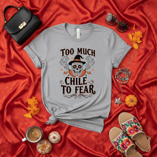 Too Much Chile to Fear Halloween Sugar Skull T-Shirt, Day of the Dead Shirt, Calavera Tee, Mexican Chile Pepper Spooky Season Unisex Graphic Shirt, Fall Festival Apparel Mexicada
