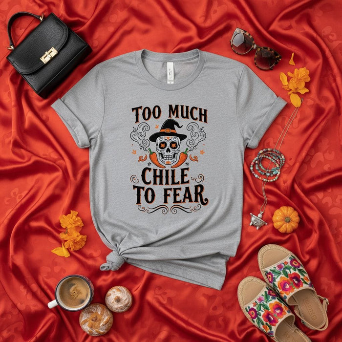 Too Much Chile to Fear Halloween Sugar Skull T-Shirt, Day of the Dead Shirt, Calavera Tee, Mexican Chile Pepper Spooky Season Unisex Graphic Shirt, Fall Festival Apparel Mexicada