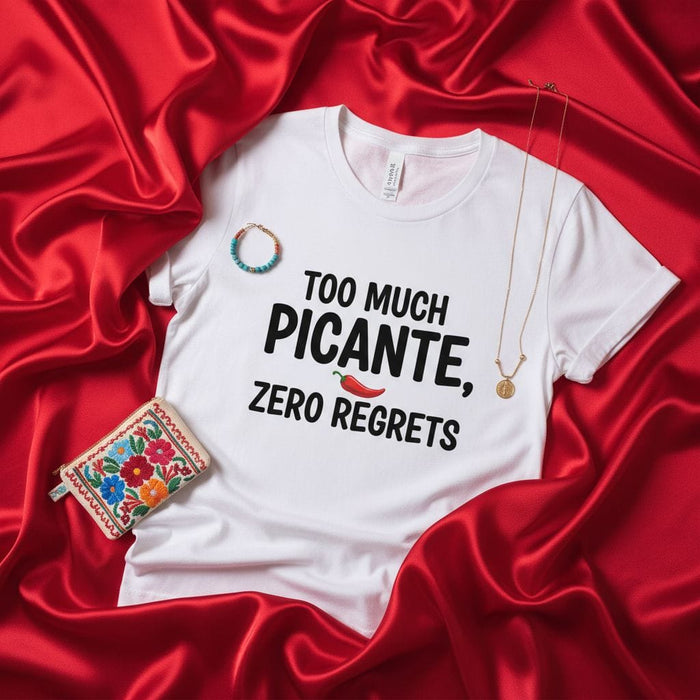 Too Much Picante, Zero Regrets T-Shirt | Funny Latinx Hot Sauce Chili Pepper Graphic Tee | Unisex Spanglish Statement Shirt with Sarcastic Food Humor Mexicada