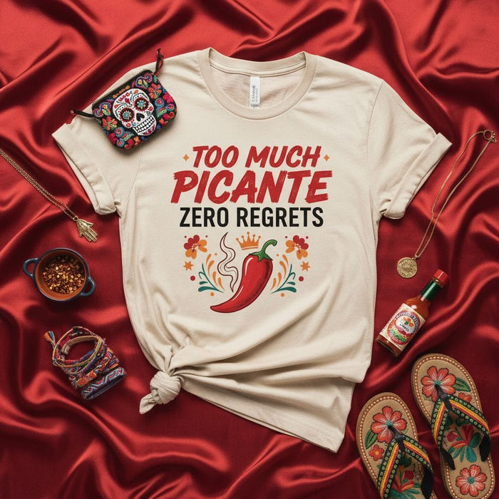 Too Much Picante Zero Regrets T-Shirt, Spicy Chili Pepper Hot Sauce Fiesta Tee, Cinco de Mayo Mexican Food Lover Unisex Shirt Gift Mexicada