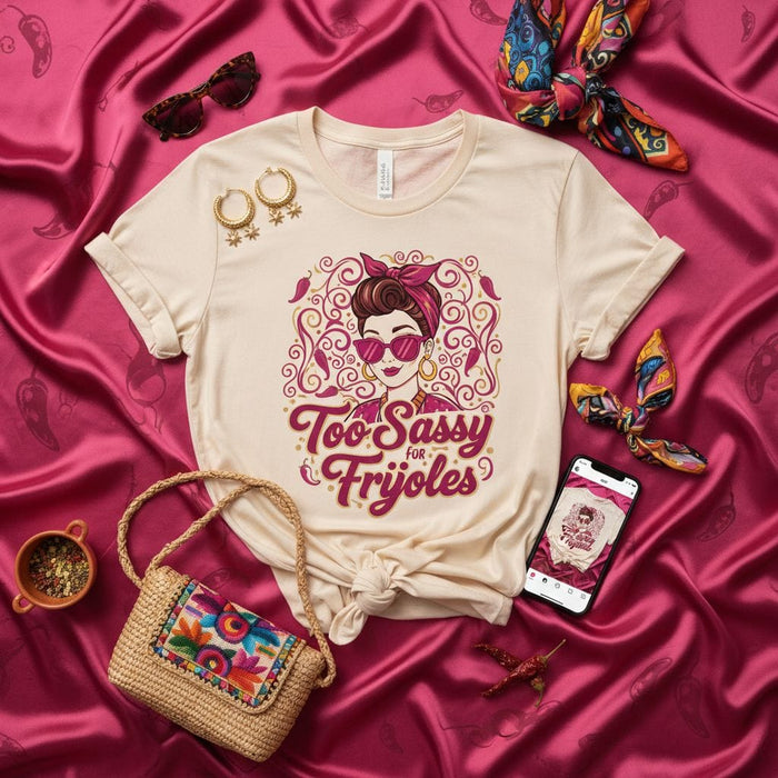 Too Sassy for Frijoles T-Shirt, Funny Latina Chicana Shirt, Sassy Girl with Bandana and Sunglasses Graphic Tee, Mexican Food Lover Gift Idea, Unisex Mexicada