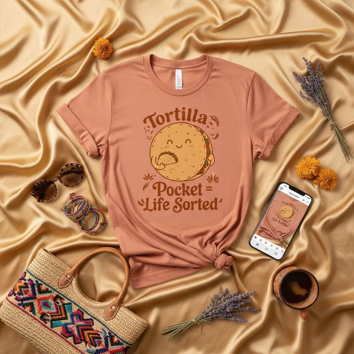 Tortilla Pocket Life Sorted T-Shirt: Cute Smiling Taco Eating Tortilla Graphic Tee, Funny Food Lover Shirt, Unisex Casual Apparel for Mexican Food Fans Mexicada