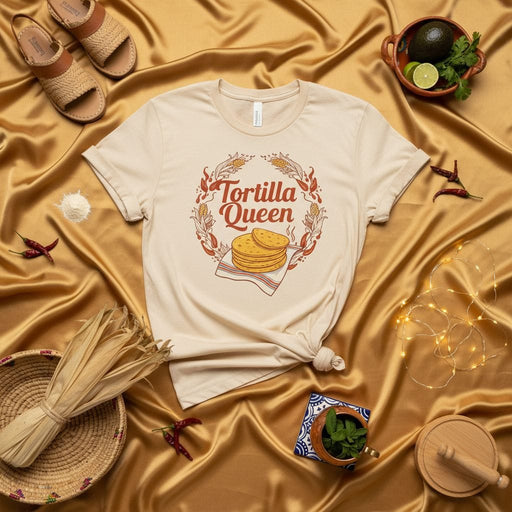 Tortilla Queen Shirt, Funny Graphic Tee with Tortilla Stack and Corn Wreath, Unisex Foodie Gift for Cinco de Mayo or Taco Lover, Rustic Beige Style T-Shirt Mexicada