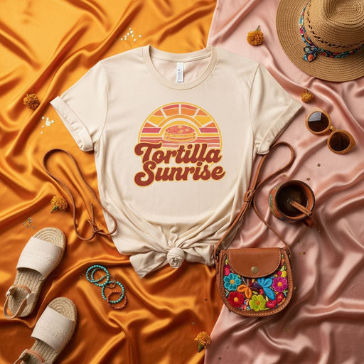 Tortilla Sunrise Shirt, Funny Breakfast Taco T-Shirt, Mexican Food Lover Tee, Sunrise Sunset Retro Graphic Unisex Short Sleeve Top, Vintage Style Gift for Foodies Mexicada