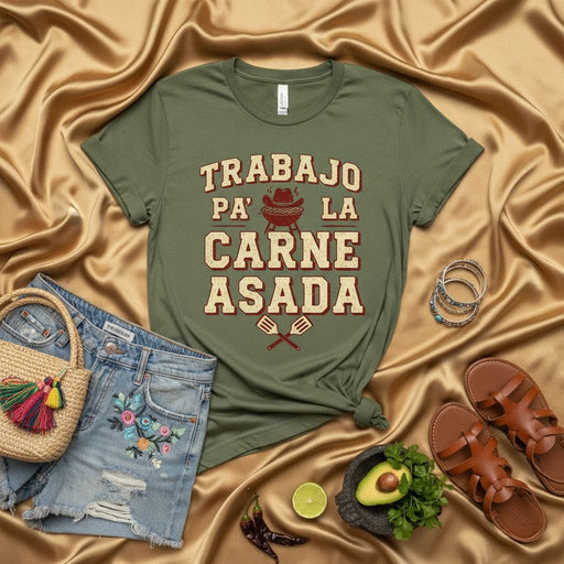 Trabajo Pa' La Carne Asada Shirt, Funny Spanish BBQ Grill T-Shirt, Mexican Parrillada Fiesta Tee, Unisex Gift for Grill Master, Work for the Barbecue T-shirt Mexicada