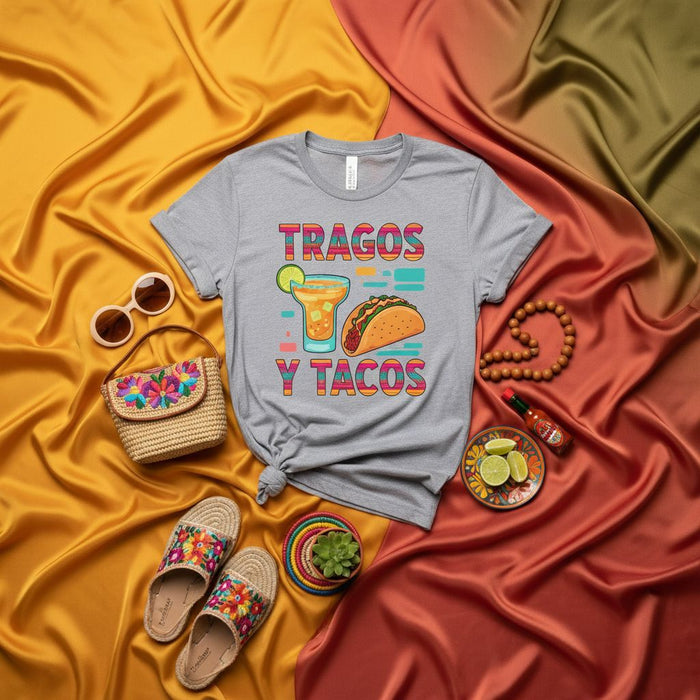 Tragos y Tacos Shirt, Unisex Cocktail Drink and Mexican Food Tee, Fiesta Party Outfit, Cinco de Mayo T-Shirt, Fun Bright Colors Summer Top, Cute Graphic Tee Gift for Taco Lovers Mexicada