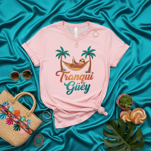 Tranqui Güey Sloth on Hammock T-Shirt, Relaxed Sloth Drinking Tropical Drink, Funny Mexican Spanish Phrase Vacation Tee, Palm Trees Summer Beach Shirt Mexicada
